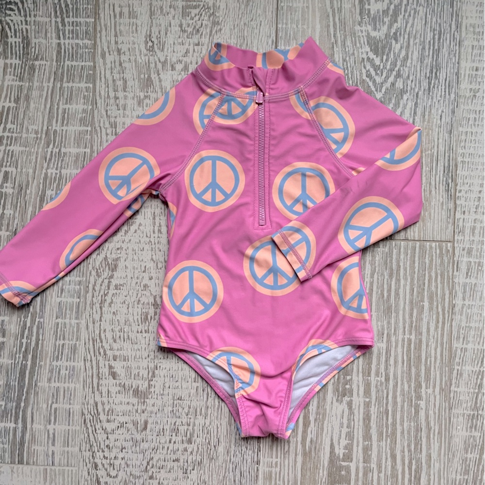Cotton On Kids Retro Girls One Piece Swim Pink Orange Blue Peace ☮️ Size 2